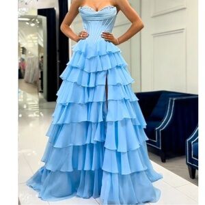 Sherri Hill Light Blue Layered Maxi Dress